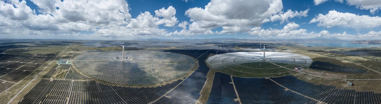 Aerial Panorama of Molten Salt Solar Thermal Power Plant in Talatan: Concentrated Solar Power Tower and Heliostat Mirror Field