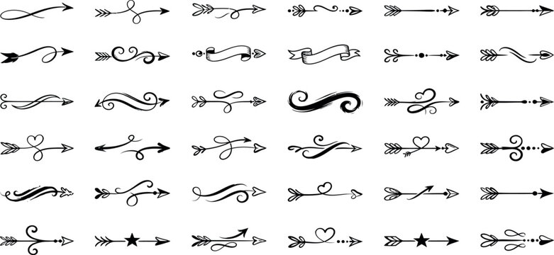Assorted decorative arrow symbols with flourishes and hearts, flourish