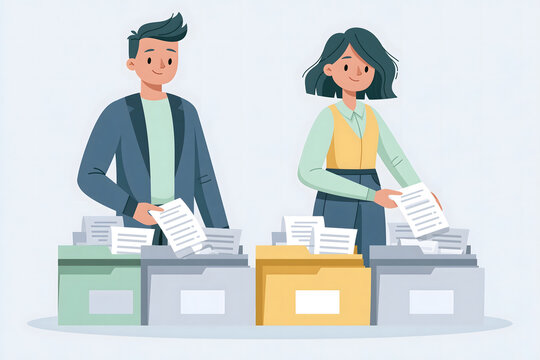 Effective Business Organization: Creative Illustration of Document Sorting and Team Collaboration in a Modern Workspace