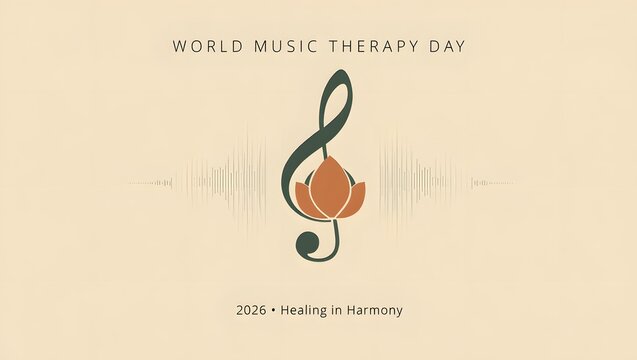 World music therapy day 2026 healing in harmony concept with treble clef and lotus flower