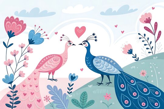 Peacock and peahen standing together in a colorful garden with flowers