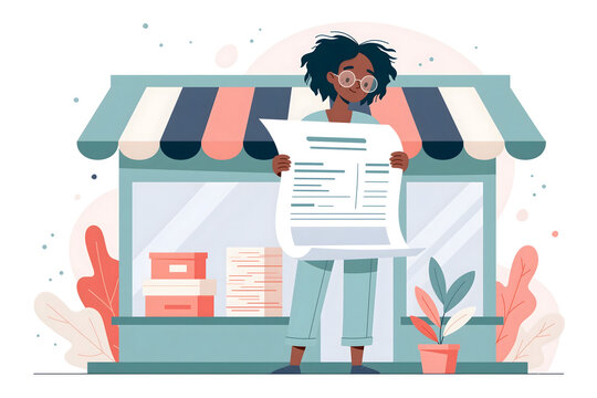 Empowering Entrepreneurs: A Vibrant Illustration of a Businesswoman Holding Important Documents Outside Her Shop, Emphasizing Innovation and Creativity in Modern Business Ventures