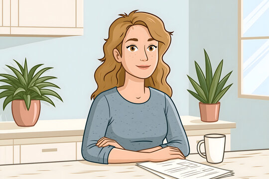 Captivating Portrait of a Relaxed Woman in a Modern Workspace Surrounded by Greenery and Coffee - A Perfect Blend of Comfort, Creativity, and Professionalism
