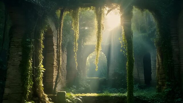 Sun rays passing through hanging vines in a jungle ruin 