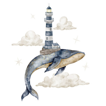 Whale with lighthouse in cloudy sky watercolor illustration. Art with beacon and stars on isolated background. Fantasy nautical composition for nursery poster and baby maritime storybook design.