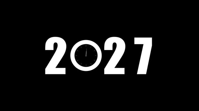 The year 2027 is presented in large white numerals on a black background, with a small analog clock face integrated into the zero of the year, signifying the progression of time towards this future