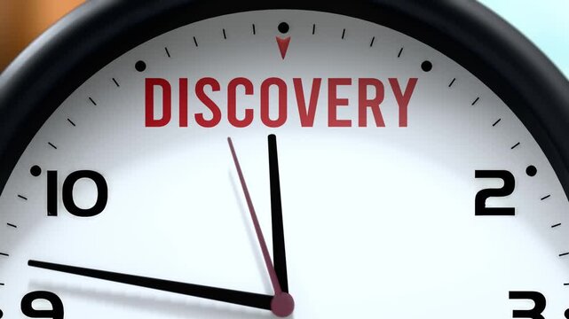 Discovery that is going to happen soon. Upcoming discovery, approaching in the near future. Discovery almost here, in a short time - a clock symbolizes a reminder that discovery is near.