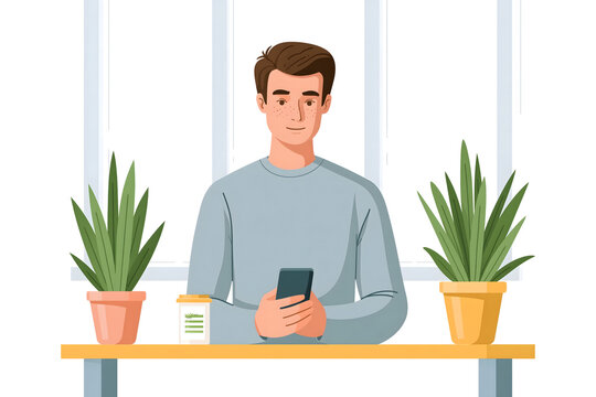 A Trendy Lifestyle Scene of a Young Man Engaged with His Smartphone Surrounded by Lush Indoor Plants, Perfect for Capturing the Essence of Modern Living and Work from Home Ambiance