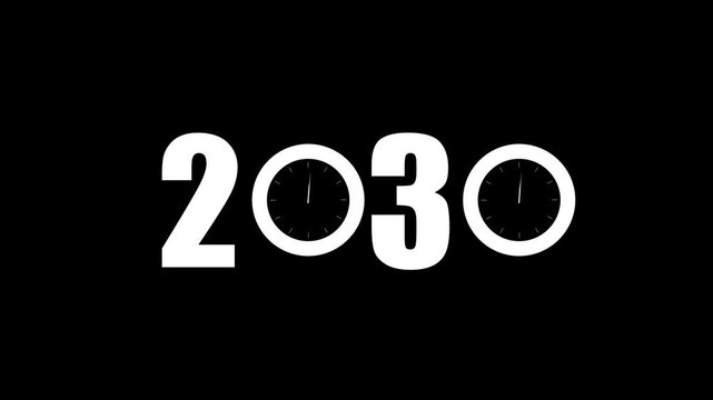 The year 2030 is depicted with large white numerals on a black background, featuring two small analog clock faces, one replacing each zero, emphasizing the passage of time and the arrival of this