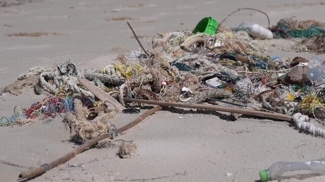 Beach marine debris cleanup plastic fishing net rope driftwood litter on sand, shoreline pollution with scattered trash and bottles, tangled waste from ocean currents highlighting environmental damage