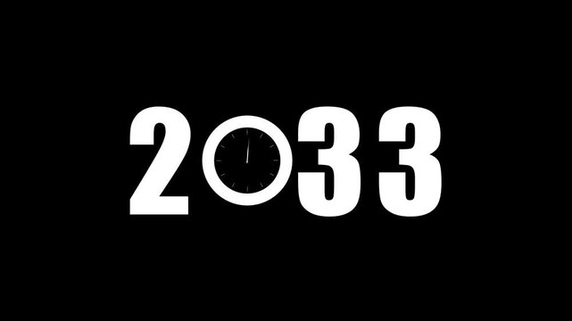 Stark white bold numbers 2033 with a clock face substituting the zero on a deep black background signifying the passage of time and the future year