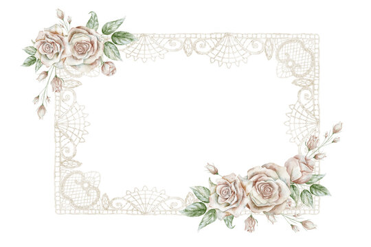 Watercolor beige Lace frame with pink rose flowers. Illustration of floral border for wedding invitations, feminine stationery and delicate greeting cards. Pastel template for banner or background.