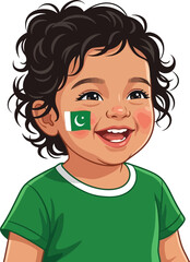 Pakistani child portrait with flag face paint, happy young boy celebrating independence day, cute toddler in green shirt vector illustration