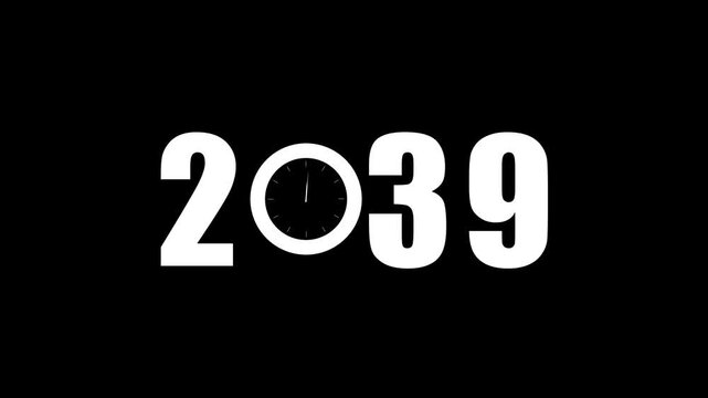 The year 2039 displayed in large white numbers with a minimalist clock face in place of the zero, set against a dark black background, symbolizing the passage of time and future outlook