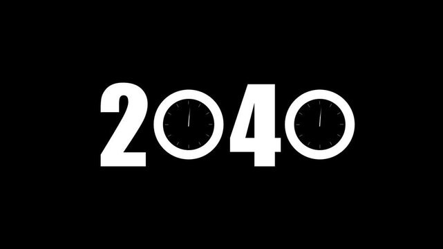 The year 2040 is depicted with bold white numerals, featuring two minimalist clock faces replacing the zeros, against a solid black background, representing time and future milestones