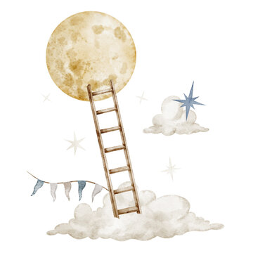 Ladder watercolor illustration. Stairway with moon and clouds on isolated background. Fantasy celestial element with garland and stars for nursery poster and childish dreamy storybook. Art for child.