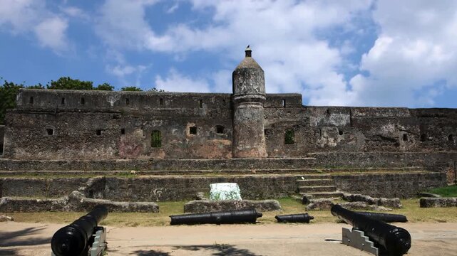 Stunning scenes of Historic Fort Jesus site, with Cannons, Mombasa, Kenya. Old Civilization with rich archeological and architectural history., UNESCO world heritage site.