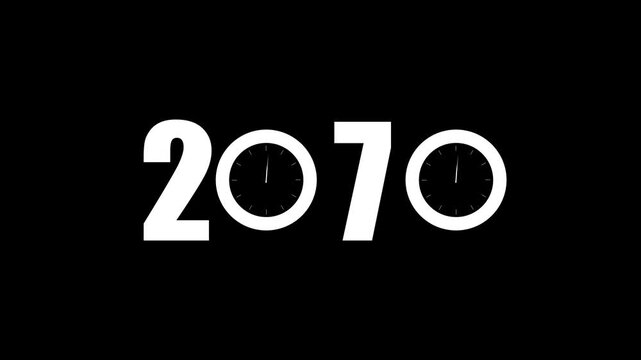 White prominent digits 2070 with clock faces substituting the zeros against a dark black canvas symbolizing the future and the relentless march of time