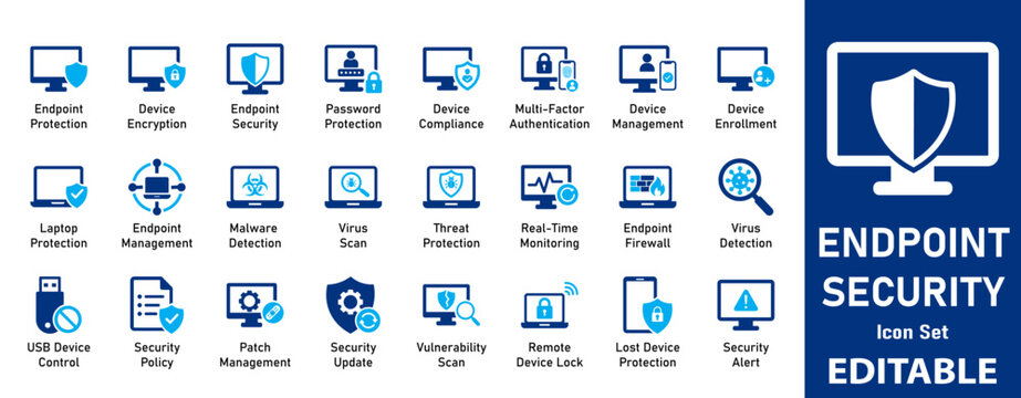 Endpoint Security Icon Set. Professional Symbols for Cybersecurity, Network Protection, Antivirus, Firewall, and Data Privacy