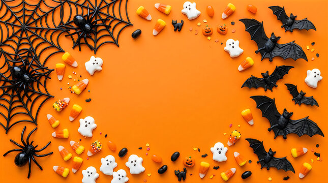 Halloween flat lay frame with spooky decorations, orange background with black bats and spiders, festive holiday border with candy corn and ghosts