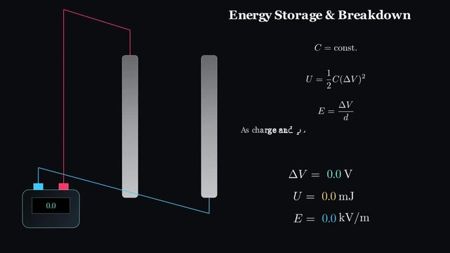 Physics vector simulation showing capacitor energy storage dielectric breakdown and electric spark discharge in 2D animation.