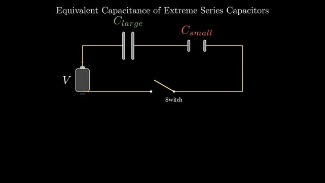 2D animation showing equivalent capacitance reduction in extreme series connected capacitors in a physics vector simulation.