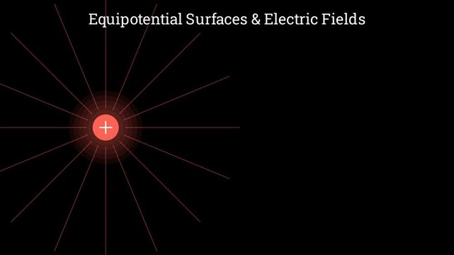 2D animation illustrating equipotential surfaces perpendicular to electric field lines around point charges in a physics vector simulation.