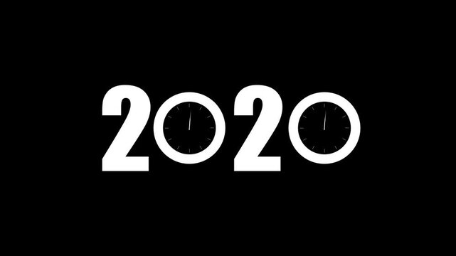 White bold numbers 2020 with clock faces replacing the zeros against a deep black background symbolizing the present time and the concept of passing moments