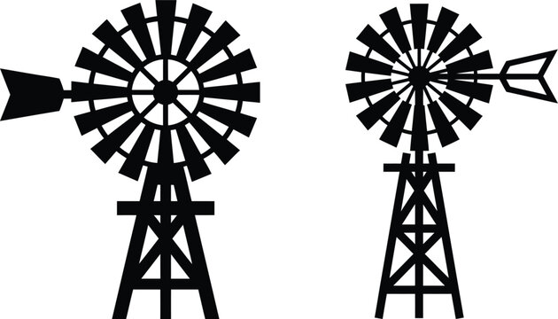 Vintage farm windmill silhouette set, rustic water pumping wind turbine vector illustration