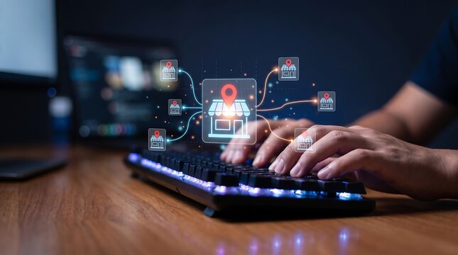 Professional worker interacting with holographic retail network interface displaying store locations for e-commerce and business expansion strategy