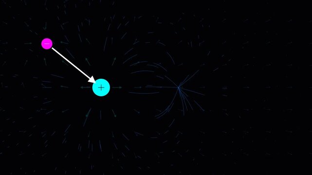 Physics vector simulation showing electrostatic attraction and repulsion forces between positive and negative charges in 2D animation.