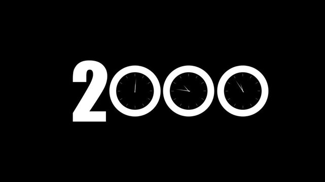 White numbers 2000 with three clock faces integrated into the zero digits against a stark black background symbolizing the dawn of a new millennium and the passage of time Keywords: 2000, year