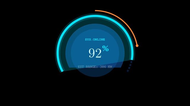 2D vector animation of a futuristic electric vehicle heads-up display showcasing EV battery level, energy flow, speed, and real-time drive diagnostics