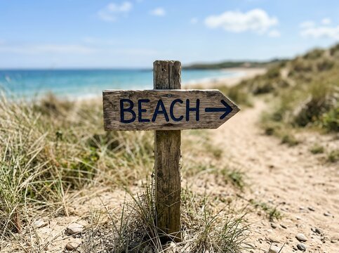Wooden Beach Signpost in Sand Dunes Leading to Ocean.