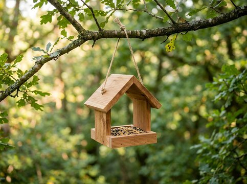 Wooden bird feeder hanging from a tree branch in a lush green forest.