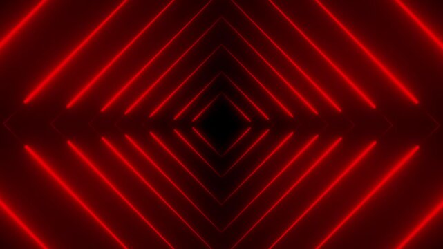 Endless tunnel of bright red neon diamond shapes receding into a dark black void creating a sense of depth and intense futuristic motion Keywords: red, neon, glowing, light, lines, diamond, shape