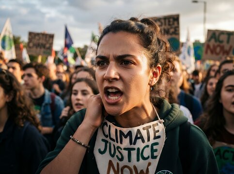 Young woman passionately protesting for climate justice now.