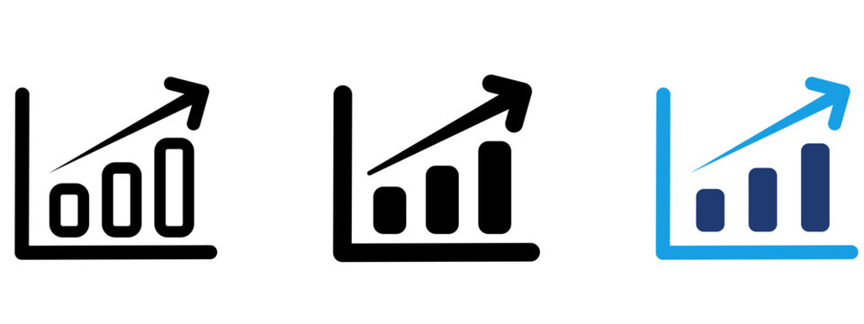 Bar chart with straight upward arrow icon set. Symbol of steady business growth, sales increase, financial progress, market performance, performance metrics, and dashboard analytics.