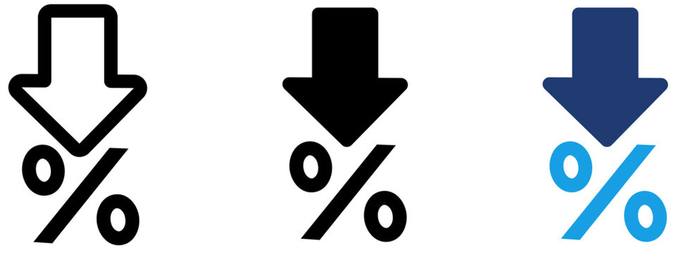 Percentage discount icon set with downward arrow. Symbol of price drop, special offers, sale promotions, bargain deals, shopping discount, and percentage reduction.