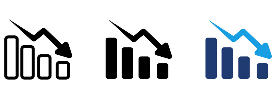 Declining bar chart with downward arrow icon set. Symbol of market crash, financial loss, business decline, negative trend, performance decrease, and risk analysis.