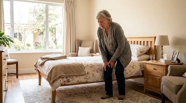 Senior woman struggling to stand up from bed due isolated on white background