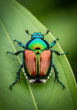 Macro Shot of a Vibrant Japanese Beetle with Iridescent Green and Copper Shell Resting on a Green Leaf