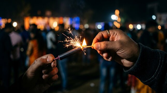 Hand lighting firework with match at night during festival