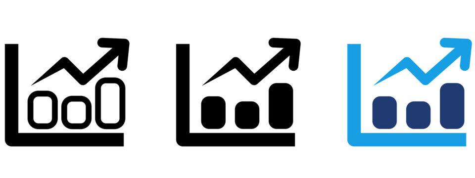 Bar chart with upward trend line and arrow icon set. Symbol of data analysis, business growth, financial reporting, market statistics, performance metrics, and dashboard insights.