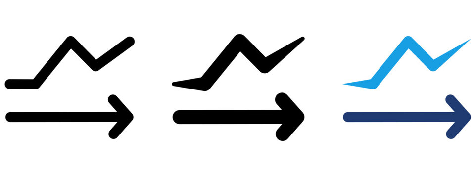 Line graph trend with forward arrow icon set. Symbol of business growth, data analytics, market progress, financial performance, success metrics, dashboard trends and strategy.