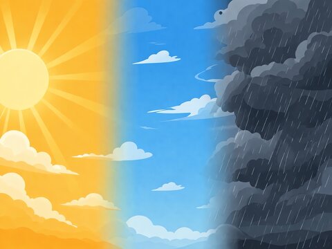 Conceptual weather transition illustration showing three panels from sunny and bright, through partly cloudy, to stormy and rainy skies. Meteorological background vector.