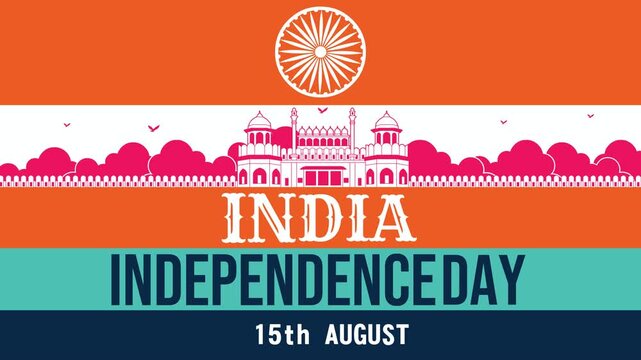 Seamless 4K animated video for India Independence Day with tri-color banners, spinning Ashoka Chakra, and pink Red Fort skyline silhouette. Ideal for broadcast and promos.