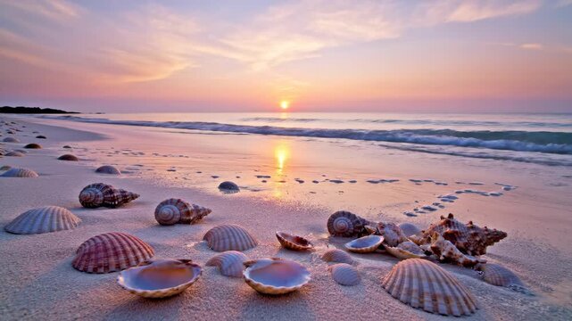 Seashells collection on white sand beach at sunset with ocean waves rolling in, soft colors of sky and water creating tranquil, peaceful atmosphere.