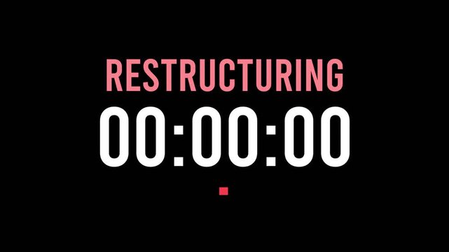 Restructuring is about to happen soon. Upcoming restructuring, approaching in the near future. Restructuring almost here, in a short time - a countdown timer counting seconds the this event.