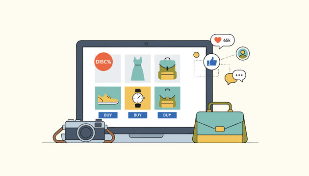 Online shopping platform displayed on a laptop screen with camera, briefcase and social media engagement symbols on light background.